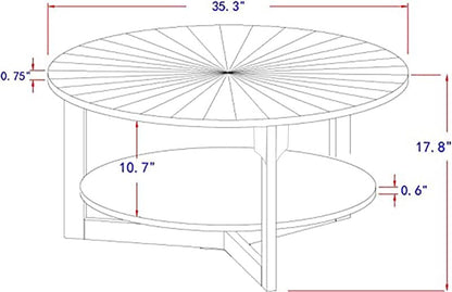 DS-HOMEPORT Round Coffee Table, 35" Circle Wood Coffee Table with Storage Shelf, 2 Tier Center Table for Living Room Apartment Home Furniture, Easy Assembly (Light Brown,35" Dx35 Wx18 H)