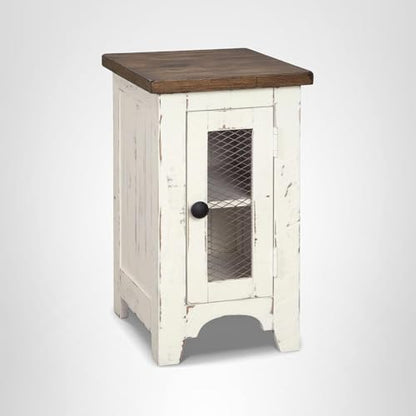 Signature Design by Ashley Wystfield Farmhouse Chair Side End Table with Cabinet Door for Storage, White & Brown with Distressed Finish