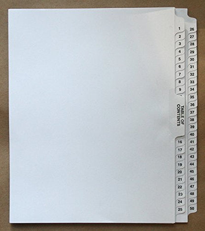 Exhibitindexes® Numbered Divider 1-50 Un-Punched - AVE Style Bold Tab - Side Collated Exhibit Tabs - Made in The USA | Letter Size - 1-50 - Sets Not Punched