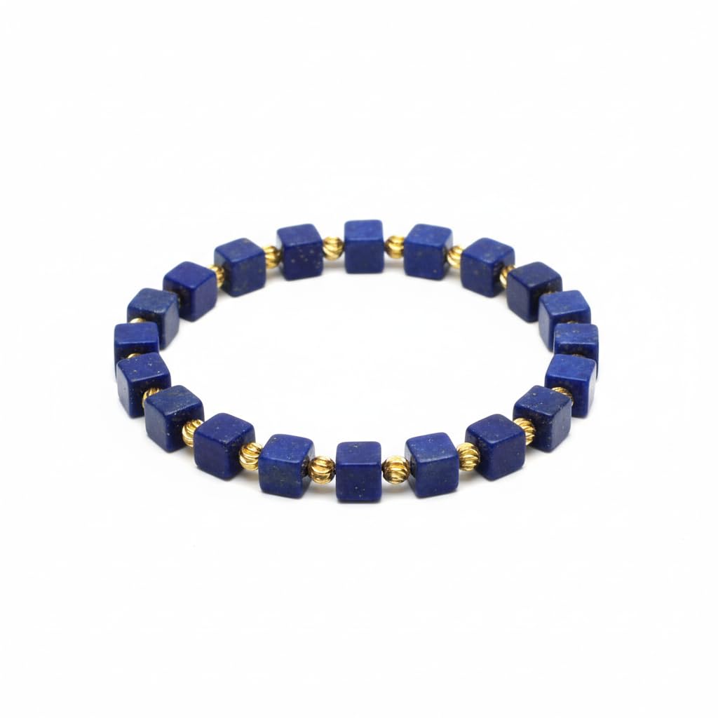 Lapis Lazuli Healing Bracelet – Real Crystal Beads for Stress Relief, Meditation & Chakra Balance – Natural Gemstone Jewelry Gift for Women & Men, Adjustable with Gift Box (6mm Cube Gold Accent)