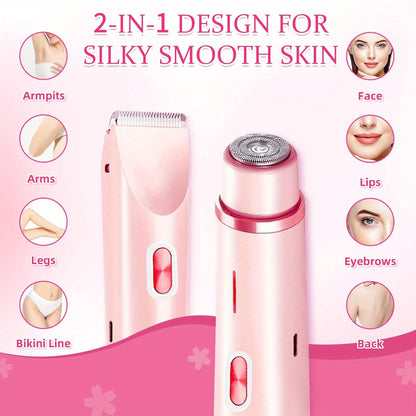 Women's 2-in-1 Dual-Head Electric Bikini Trimmer & Facial Shaver - USB- Wet/Dry Epilation Device Suitable for Bikini, Underarms, Legs, Arms, Face - Long-Lasting Battery, Body Hair Removal Tool with Ergonomic Grip