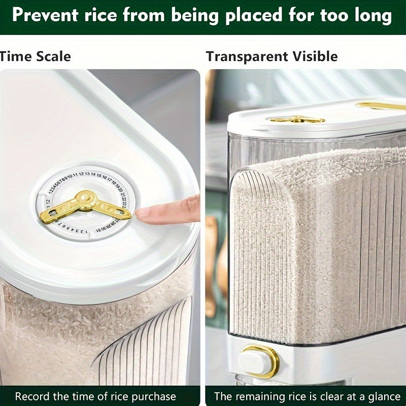 22 lbs/10kg Large Rice Dispenser with Measuring Cup & Time Scale - Plastic Grain Storage Container, Locking Lid & Window for Kitchen Pantry - Dispensing Dry Food for Rice, Wheat, Barley (Heavy-Duty