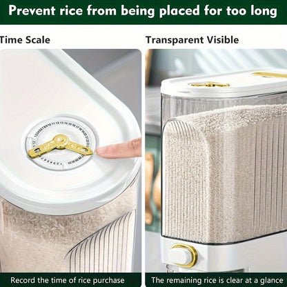 22 lbs/10kg Large Rice Dispenser with Measuring Cup & Time Scale - Plastic Grain Storage Container, Locking Lid & Window for Kitchen Pantry - Dispensing Dry Food for Rice, Wheat, Barley (Heavy-Duty