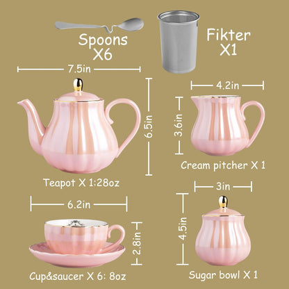 Sweejar Porcelain Tea Sets British Royal Series, 8 OZ Cups& Saucer Service for 6, with Teapot Sugar Bowl Cream Pitcher Teaspoons and tea strainer for Tea/Coffee (Coral White)