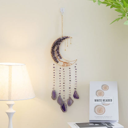Agate Moon Dream Catchers with Crystal Purple Gemstone Dream Catchers Natural Tree of Life Gem Agate Wall Hangings Room Garden Dreamcatchers Decor (Purple)