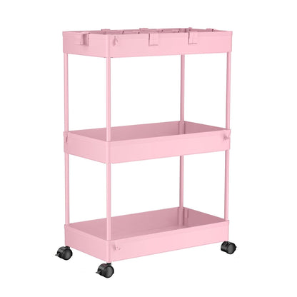 SPACELEAD 3 Tier Rolling Cart with Wheels, Storage Craft Art Trolley Organizer Serving, 3 Hanging Baskets Easy Assembly, for Office, Living Room, Kitchen, Pink