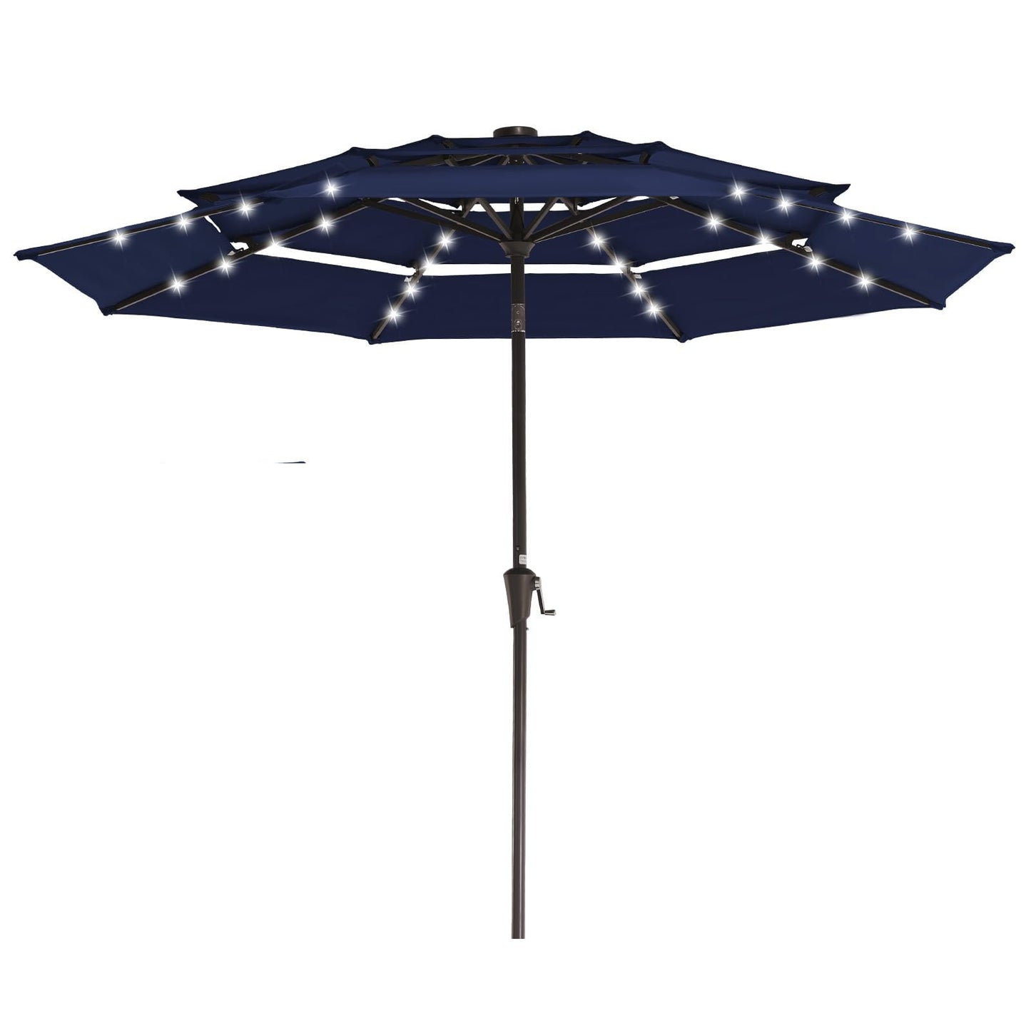 JEAREY 3 Tiers Patio Umbrella with Solar Lights 9ft Outdoor Market Table Umbrellas with Push Button Tilt for Outside Pool Garden, Navy Blue
