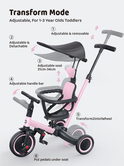 newyoo Tricycle for Toddlers 1-3, Toddler Tricycle with Push Handle and Canopy, Toddler Bike, Birthday Gift and Toys for Girl and Boy, 6 in 1 Baby Trike, Balance Bike, TR009, Pink