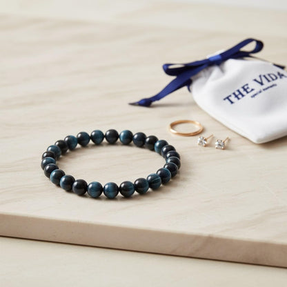 The Vida Handmade AAA+ Quality Crystal Stretch Elastic Bracelet - Nature Gemstone - Jewelry Gift - Holiday Gift - For Women & Men (Blue Tiger Eye)
