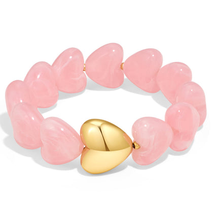 FAUTHENTICUTE Swirled Pink Heart Bracelet for Women Chunky Acrylic Resin Heart-shaped Bead Bracelet Trendy Boho Statement Summer Beach Jewelry Gift For Her