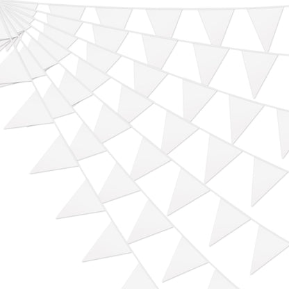 4P White Party Decorations - Metallic Fabric Triangle Pennant Banner Flags - Indoor/Outdoor Bunting Garland for Birthday, Wedding, Graduation & Theme Parties