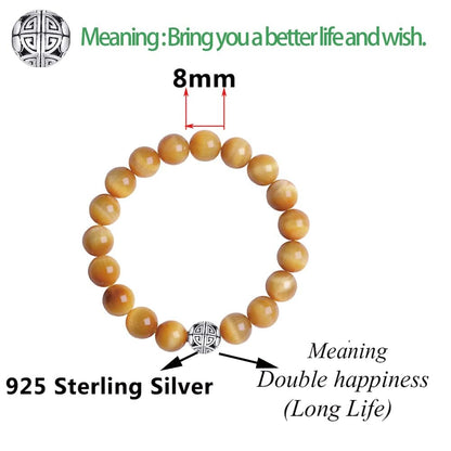 MetJakt Healing Crystals Beaded Bracelets for Womens Natural Gemstone 8mm Beads Stretch Bracelets with 925 Sterling Silver Double Happiness Pendant (Golden Tiger Eye)