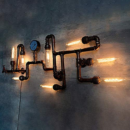 LITFAD Industrial Wall Sconce Vintage 47" Multi Lights Farmhouse Wall Light with 8 Lights and Water Pipe Bar Style Antique Wall Lamp for Living Room, Hallway, Restaurant
