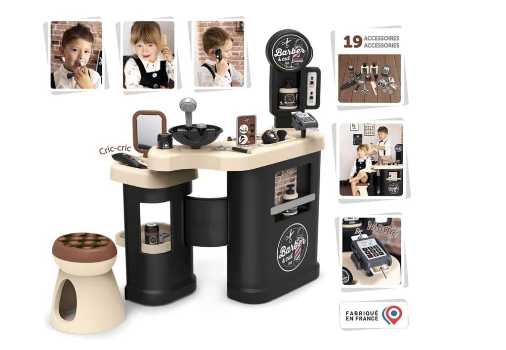 Smoby - Barber and Hairdresser Play Salon Shop for Children (69 x 48 x 91,5 cm) - Play Station incl, Toy Accessories for Styling - for Kids Girls and Boys Aged 3 Years and Over