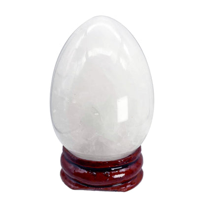 Fekuar Stone Egg Figurine, Polished Healing Crystal Easter Eggs Sphere Sculpture with Wood Stand, Rock Quartz, 1.8"