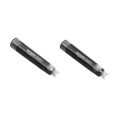 Amazon Basics Refillable Fountain Pen with Smooth Writing, Medium Point, Black Metal Barrel, Black Ink, 2 Replacement Cartridges