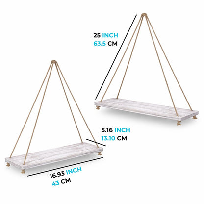Comfify Hanging Shelves for Wall - Set of 2 – Rustic Farmhouse Boho Shelves with String – 17”x5.2” – Thick Distressed, Torched Look Real Wood - Rustic White