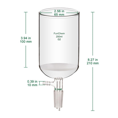 FunChem Buchner Filtering Funnel with Medium Frit (G2), I.D. 76 mm, 80 mm Depth, with 24/40 Standard Taper Inner Joint and Vacuum Serrated Tubulation, 250 mL
