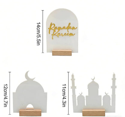 wfljl 3-Piece Ramadan Decoration for Table, Wooden Eid Mubarak Table Decor Set with Moon and Star, Reusable Ramadan Ornaments for Home