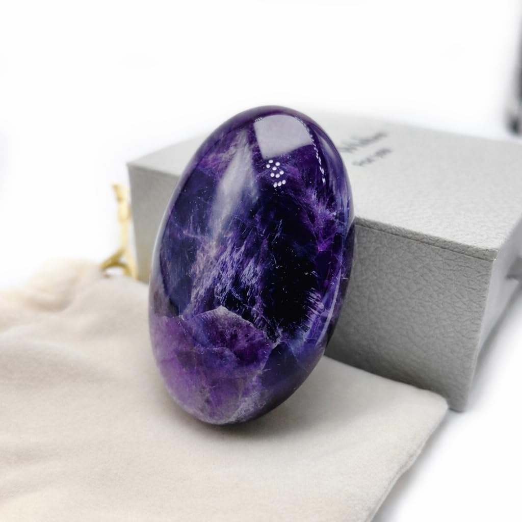 BEAUSIOO 2.4" Amethyst Palm Stone for Anxiety Relief, Healing Crystal for Meditation & Stress Relief, Polished Pocket Stone with Gift Box