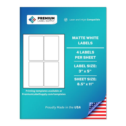 Premium Label Supply White Sticker Labels – 3" x 5" – Laser/Inkjet Compatible – (4 per Sheet), 25 Sheets – 100 Total Adhesive Labels