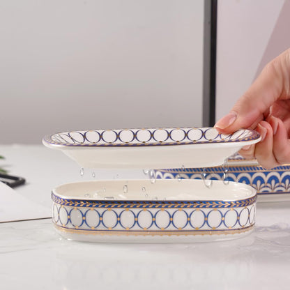 Self Draining Soap Dish, Double-Layer Bar Soap Tray, White Ceramic Soap Dish with Elegant Patterns (Style B)