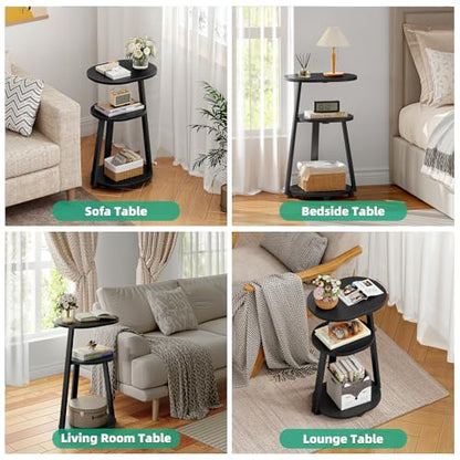 Kalrin Side Table, Small End Table with Metal Frame, 3-Tier Bedside Tables, Round Side Tables for Living Room Bedroom Couch Bathroom, Oval, Pure Black