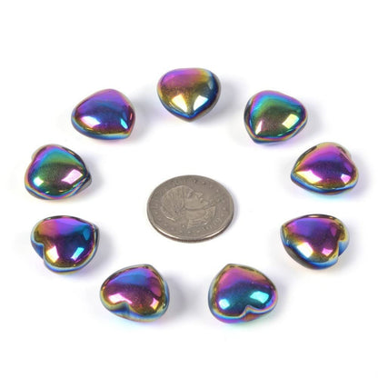 Coated Rainbow Hematite Gemstone Healing Crystal 0.8 inch Mini Puffy Heart Pocket Stone Iron Gift Box (Pack of 10)