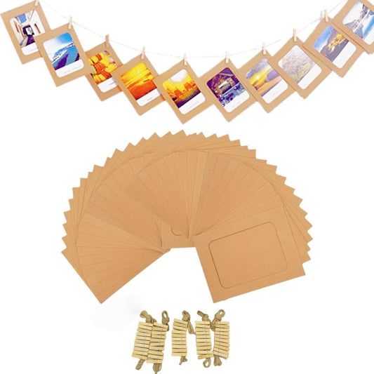 Urier 50 Pieces Hanging Picture Frames Kit with Clips and Strings,Paper Picture Frames Bulk,DIY Clip Photo Holders for Home Office Wall Decor Party Supplies (Brown, 5X7)