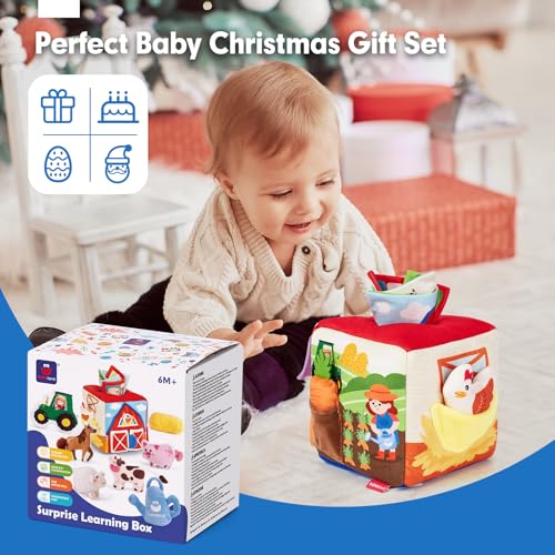 hahaland Baby Toys 6-12 Months - Mystery Soft Box with 12 Sensory Farm Animals Plush, Whats Inside Box with Rattle, Crinkle, Squeaker, Mirror, Montessori Toys for 6 Month Old Easter Basket Stuffers