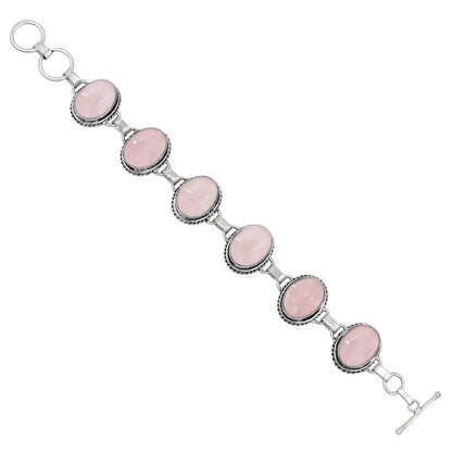 Natural Rose Quartz Silver Plated Handmade Link Bracelet for Women - Pink Color Oval Shape Gemstones January Birthstone Statement Adjustable Bracelet - Valentine Day Gifts for Her