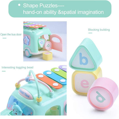 5-in-1 Baby School Bus Xylophone Toys for 1 Year Old Girl Gifts, Educational Baby Toy 6-12-18 Month, 1st Birthday Gril Gift, Toddlers Montessori Musical Baby Bus with Shape Sorter & Knock Hammer