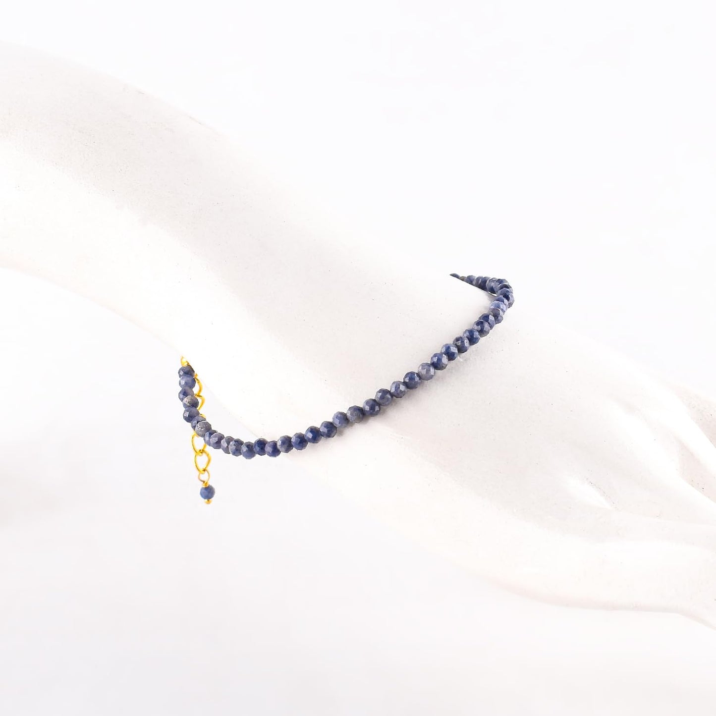 Natural Blue Sapphire Gemstone Micro Beads Dainty Bracelet Jewelry for Women, September Birthstone, Chakra Energy Crystals, 14k Gold Plated Chain 8 inch Adjustable