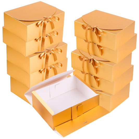 10 Pack Gift Boxes with Ribbon 10x7.5x3.5 Inch - Cardstock Wedding Favor Boxes for Bridesmaid Proposals, Birthday & Holiday Gift Packaging (Gold)