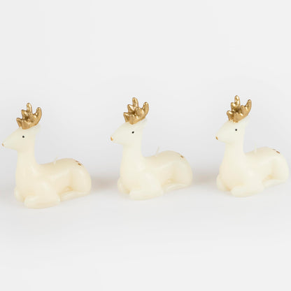 Meri Meri Small Ivory Reindeer Christmas Candles (Pack of 3), Unscented Decorative Candles, 4" Tall, Handpainted Details, Long Lasting Burn Time Approx 3 Hours