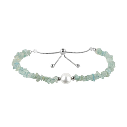 CRYSTALIS Natural Aquamarine Beads Slider Bolo Bracelet with Elegant Pearl, Uncut Chips Nuggets Crystals, Chakra Healing Gemstone, Women Jewelry, 925 Sterling Silver Slider 10 inch