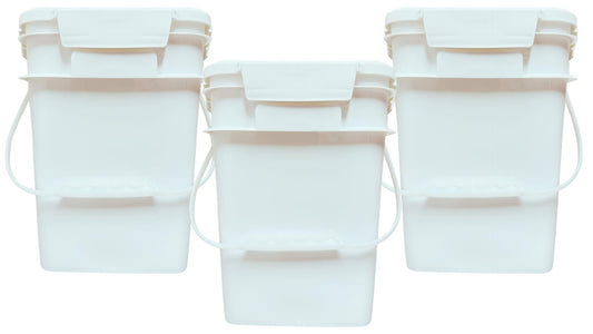 House Naturals 4 Gallon Square Food Grade Bucket Pail with Plastic Handles and Lid (Pack of 3) Made in USA containers (White)