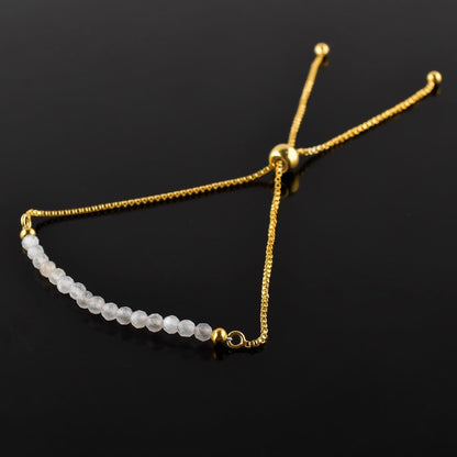 QNAVIC Natural Moonstone Gemstone Micro Beaded Dainty Slider Bolo Bracelet, Handmade Jewelry for women, Healing Chakra Crystals Birthstone Gift for Her, 14K Gold Plated Chain 6-9 inch