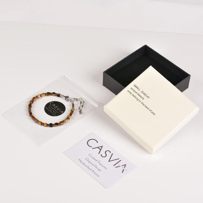Casvia Tiger's Eye Hematite Beaded Bracelet for Men, Square Stone Adjustable Stainless Steel Chain, Handmade Stylish Jewelry Gift for Dad, Husband, Son & Friend