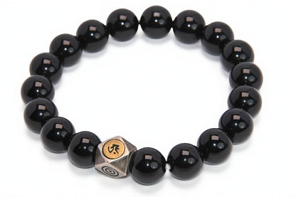 FAIRY CONCEPT Natural Black Obsidian Beaded Bracelet with Metal Charm, Polished Stone Beads, Elastic Stretch Design, Unisex Protection Jewelry