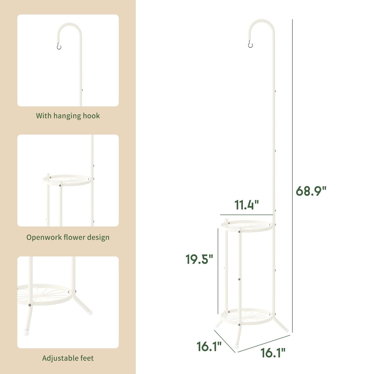 WELUKGUUD 2-Tier Hanging Plant Stand Indoor and Outdoor , Space-Saving Iron Planter Shelves, Multiple Flower Pot Display Holder Shelf with Hanging Hook, Corner Plant Stands (White)