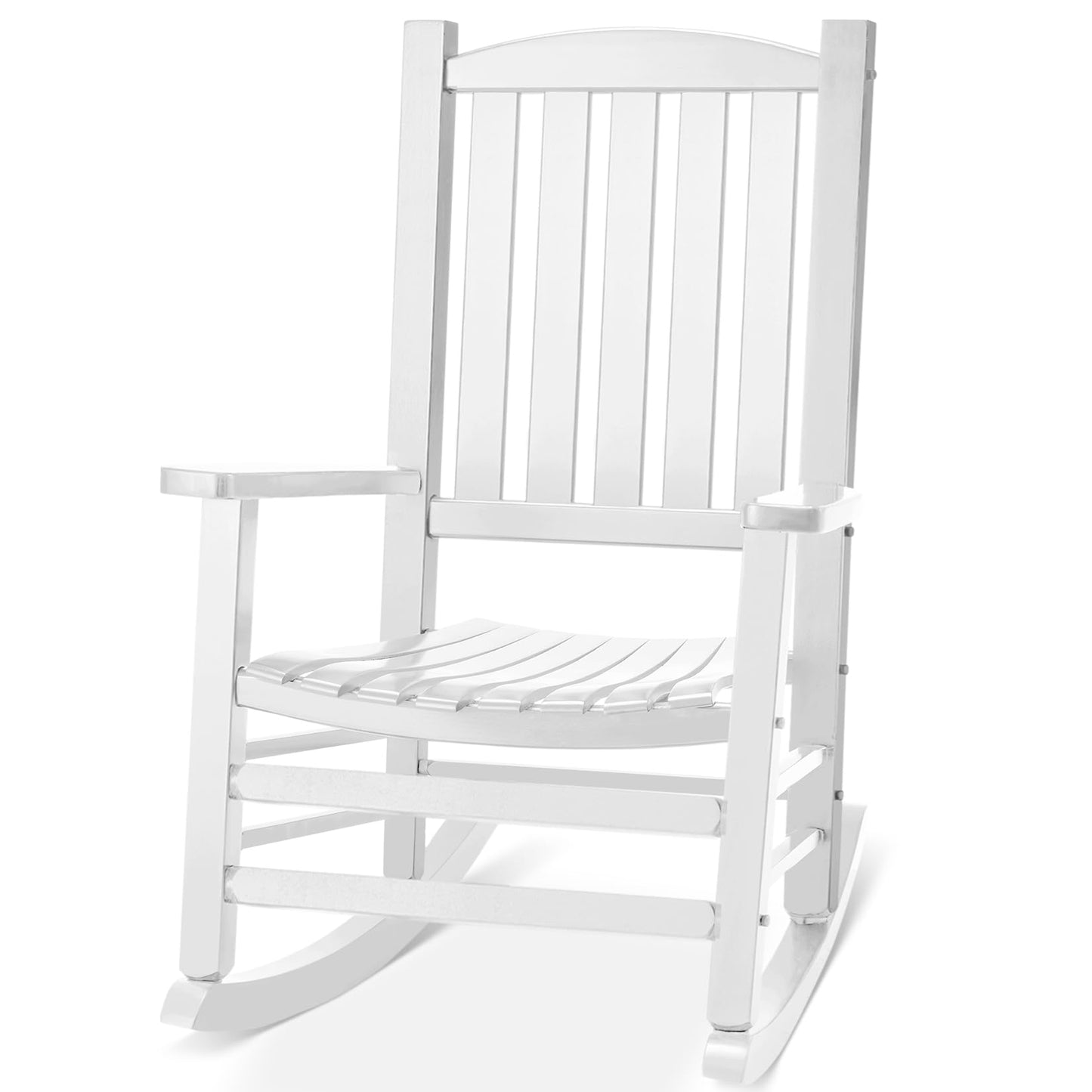 Besunbar Wooden Outdoor Rocking Chair, Oversized Patio Rocking Chair w/400lbs Support & High Backrest | Porch, Lawn, Garden, Backyard，White