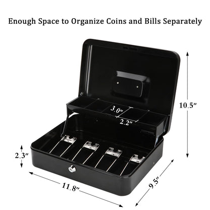 Jssmst Large Cash Box with Money Tray and Lock - Safe Box for Cash Saving Key Lock Money Organizer Box, 11.8L x 9.5W x 3.5H Inches, Black, SM-CB0501L, XLarge