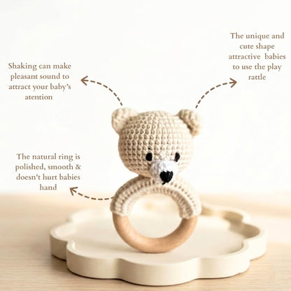 Organic Crochet Bear Baby Rattle Toy - Handmade Newborn Gift Set with Teether & Pacifier Holder - BPA-Free Organic Cotton New Baby Gift - Infant Sensory Toy for Girls Boys 0-12 Months