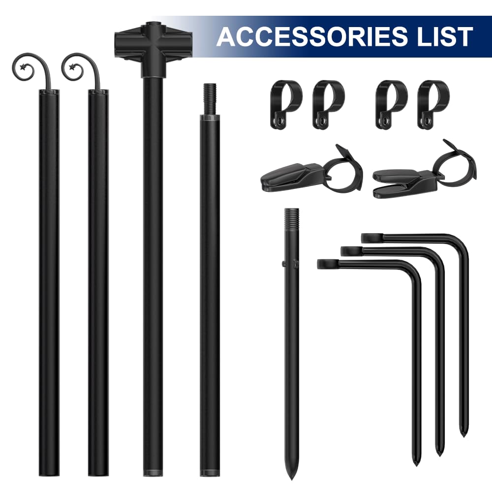 SCWN Garden Flag Stand Holder w/4-Prong Base, 3/4 Inch Extra Thick Heavy Duty Yard Flag Holder for Double Small Flags 12x18, Garden Flag Pole for Outside Patio Decor