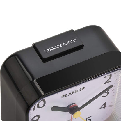 Peakeep Small Battery Operated Analog Travel Alarm Clock Silent No Ticking, Lighted on Demand and Snooze, Beep Sounds, Gentle Wake, Ascending Alarm, Easy Set (Black)