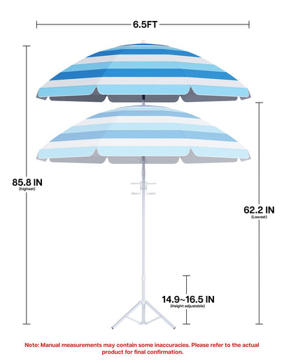 paramondo Portable Beach Umbrella with Cup Holder - 6.5FT Blue and White Striped Sun Umbrella, Adjustable Aluminum Alloy Pole, Windproof & UV Protection for Sand, Patio, and Backyard, Sea Rhythm