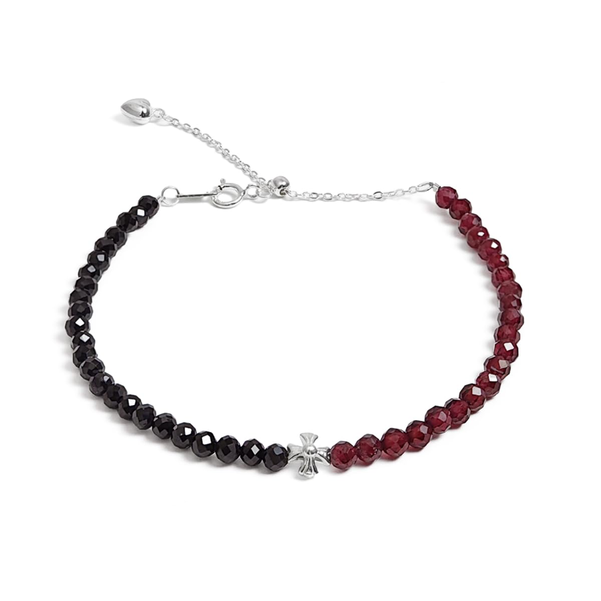 TAGREVO Natural Garnet & Black Spinel Crystal Two-Tone Faceted Bead Bracelet, 925 Silver Cross Charm Jewelry for Women, Handmade Adjustable Dainty Gemstone Beads for Daily Wear