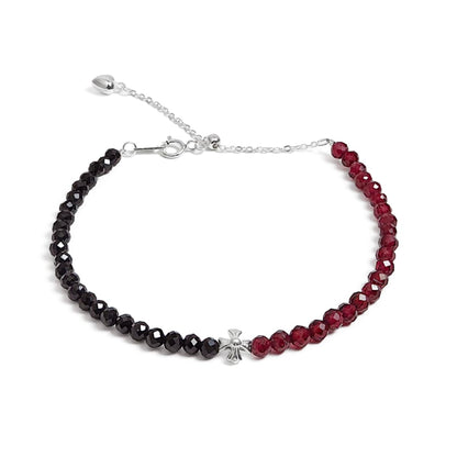 TAGREVO Natural Garnet & Black Spinel Crystal Two-Tone Faceted Bead Bracelet, 925 Silver Cross Charm Jewelry for Women, Handmade Adjustable Dainty Gemstone Beads for Daily Wear