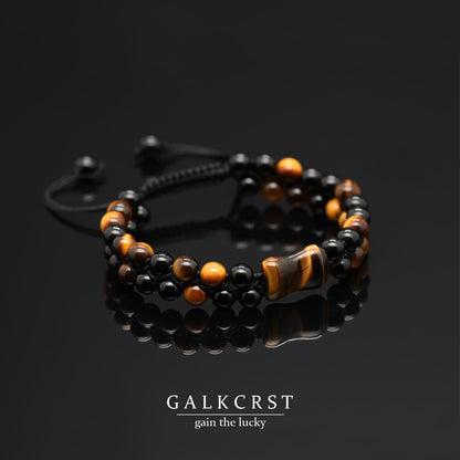 GALKCRST Tiger Eye Black Obsidian Bracelet for Men, Double Layer Natural Stone Beads Bracelet with Bone-Shaped Tiger Eye Focal Bead, Adjustable Braided Cord Triple Healing Crystal Bracelet, Men's Jewelry Gift